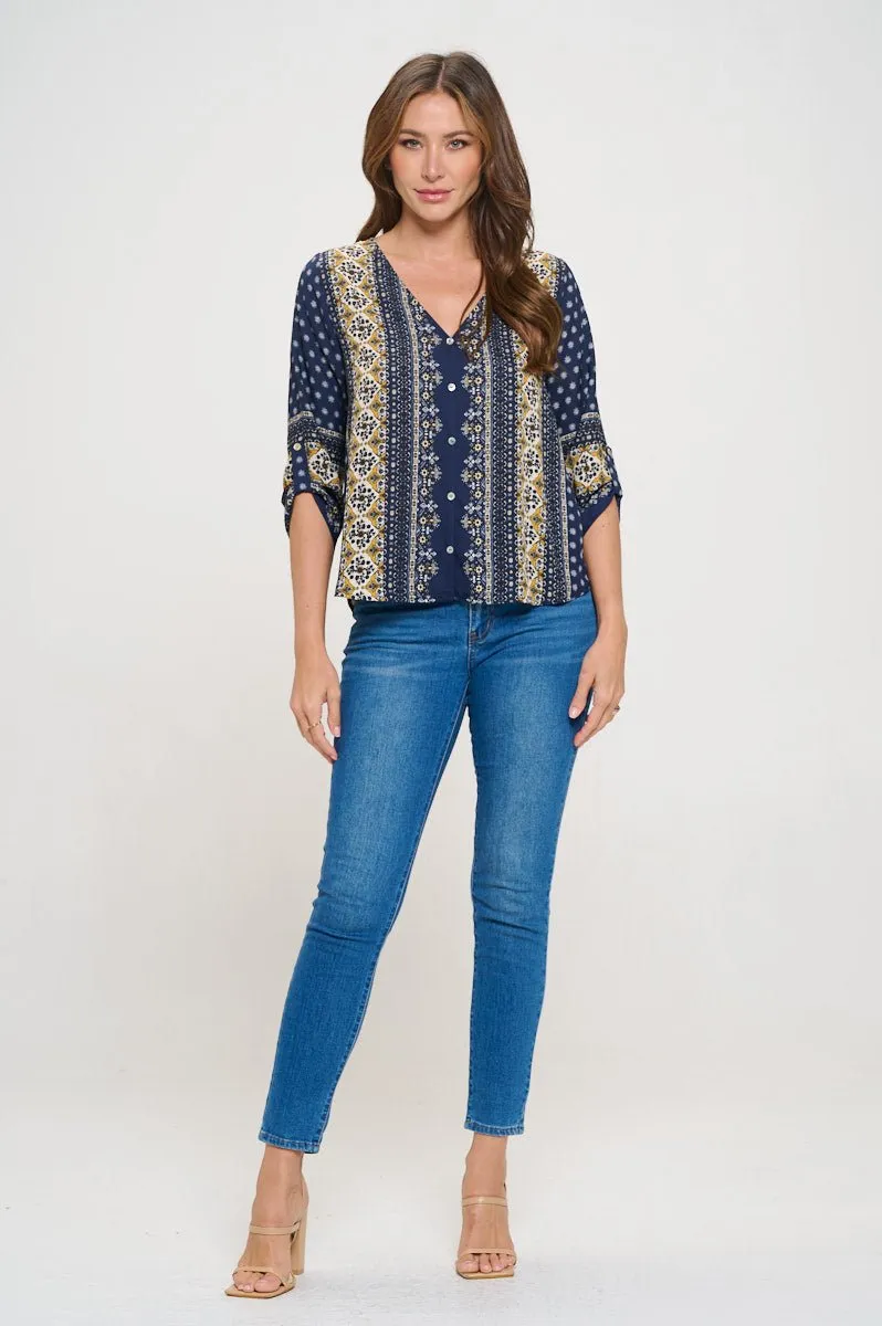 Lina Roll-tab Sleeve V-neck Blouse