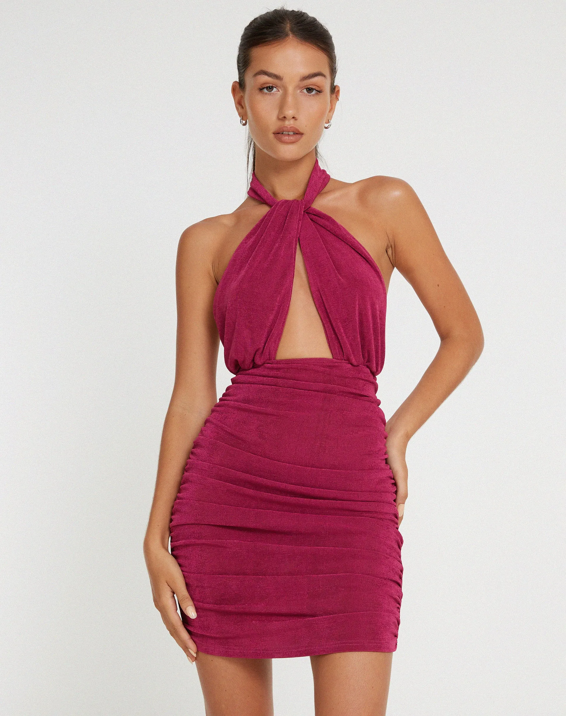 Marbella Halterneck Mini Dress in Magenta Purple