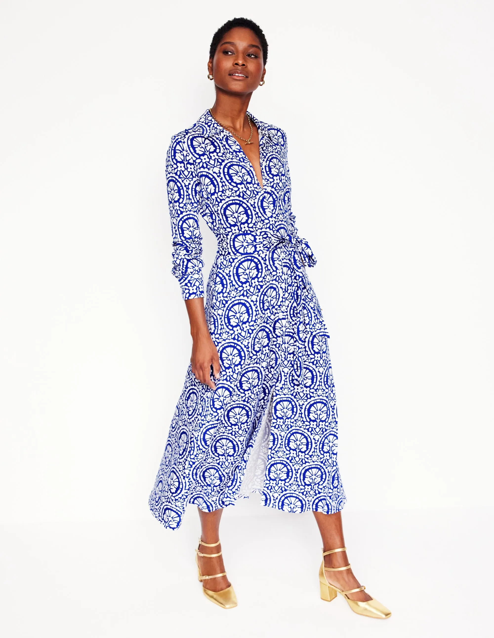 Marcia Jersey Midi Shirt Dress-Bright Blue, Elaborate Stamp