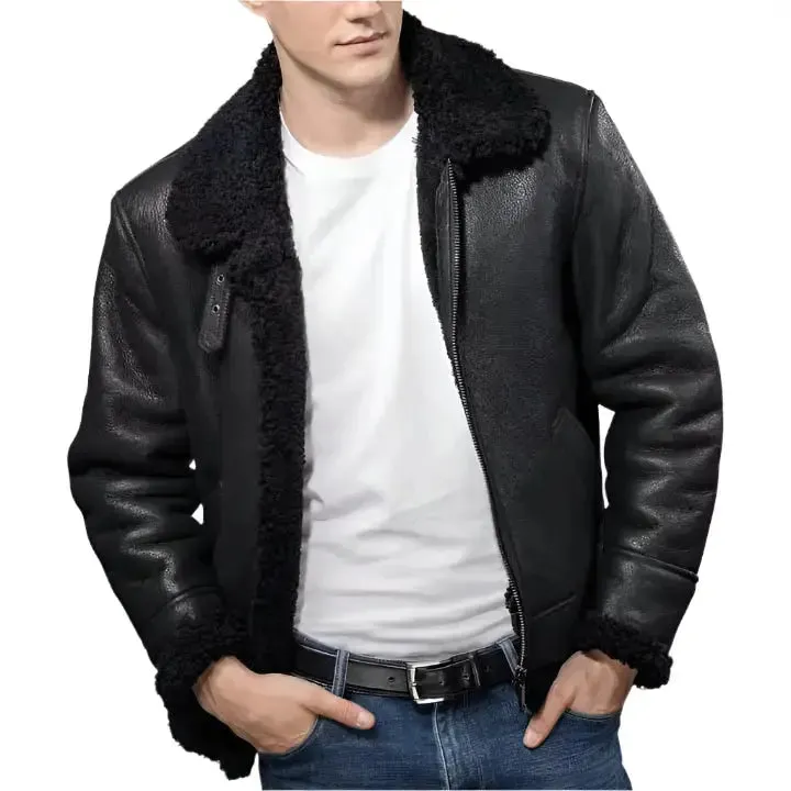 Men's Black Aviator B3 Shearling Leather Jacket – Classic & Warm