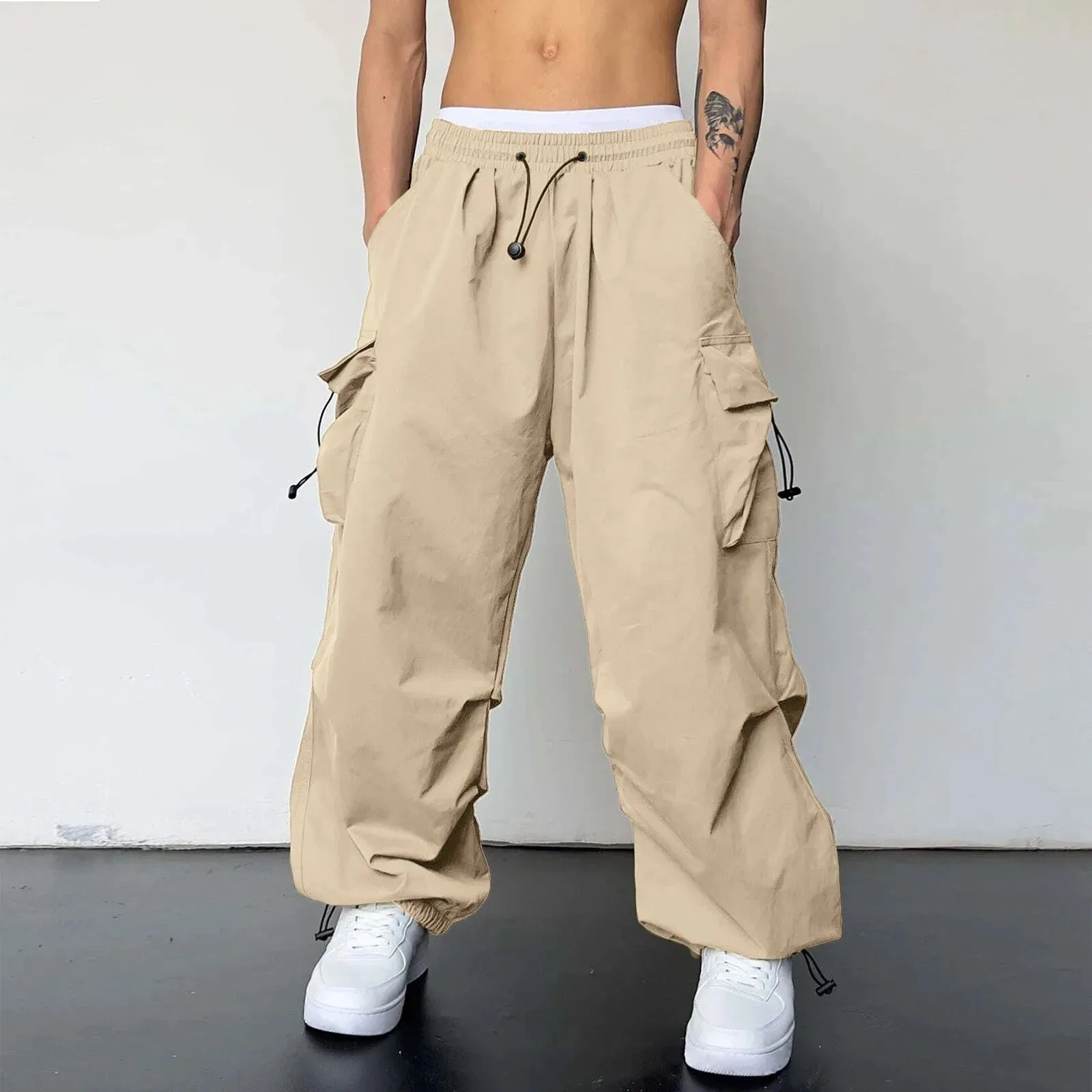 Mens Casual Waist Color Sports Hat Woven Pocket Foot Rope Solid Pants Street Cargo Tie Mens Cargo Big Size Oversized Trousers
