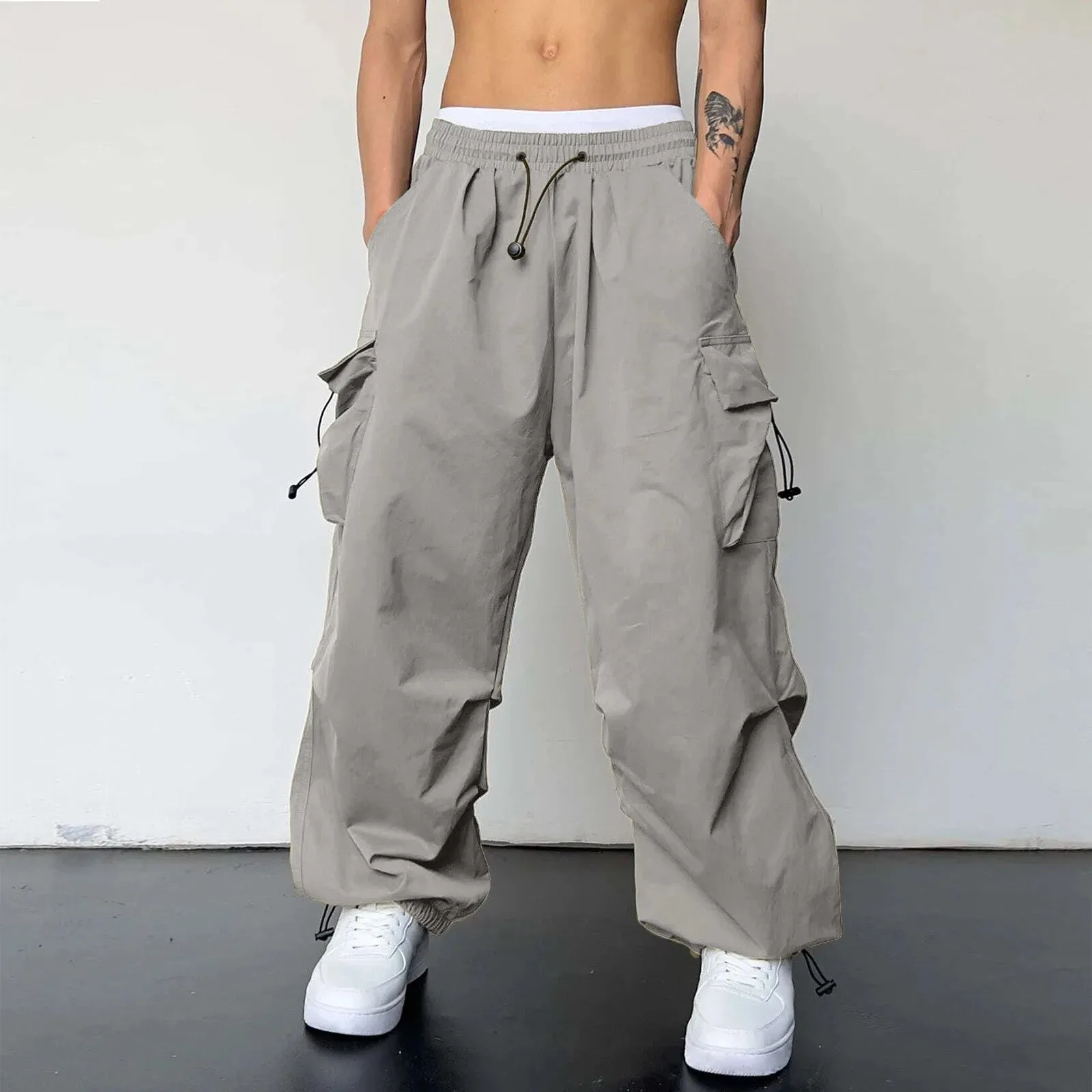 Mens Casual Waist Color Sports Hat Woven Pocket Foot Rope Solid Pants Street Cargo Tie Mens Cargo Big Size Oversized Trousers