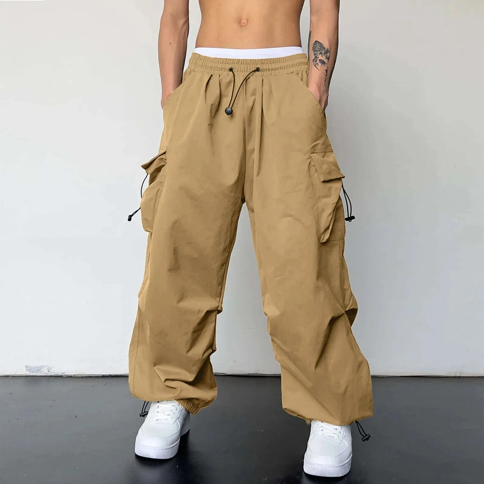 Mens Casual Waist Color Sports Hat Woven Pocket Foot Rope Solid Pants Street Cargo Tie Mens Cargo Big Size Oversized Trousers