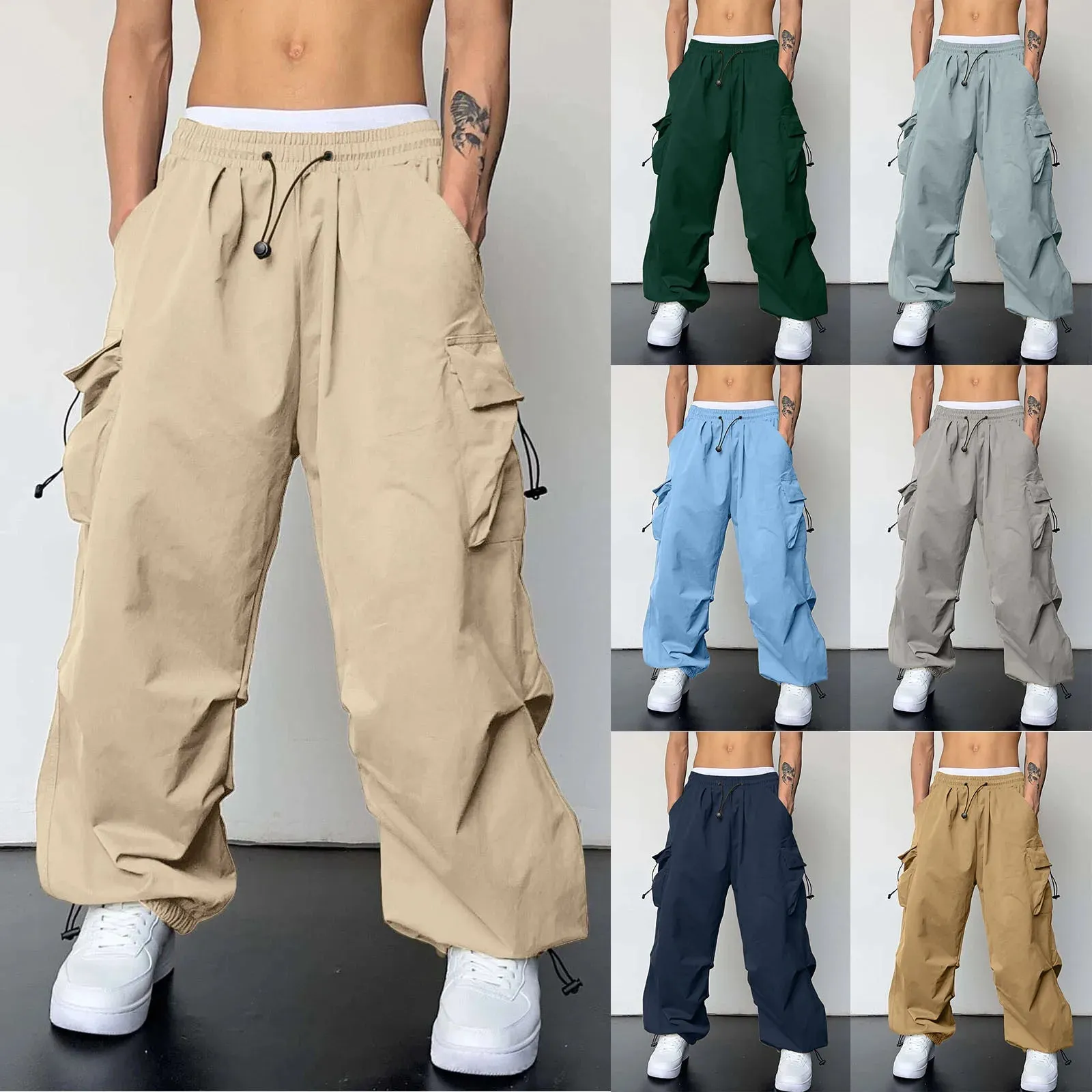 Mens Casual Waist Color Sports Hat Woven Pocket Foot Rope Solid Pants Street Cargo Tie Mens Cargo Big Size Oversized Trousers