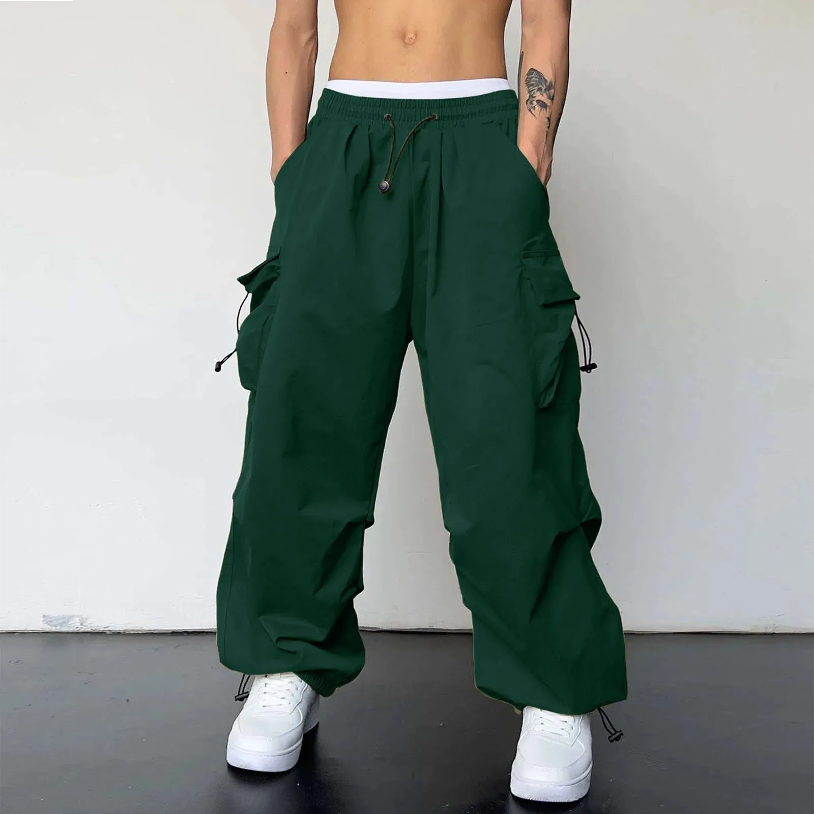 Mens Casual Waist Color Sports Hat Woven Pocket Foot Rope Solid Pants Street Cargo Tie Mens Cargo Big Size Oversized Trousers