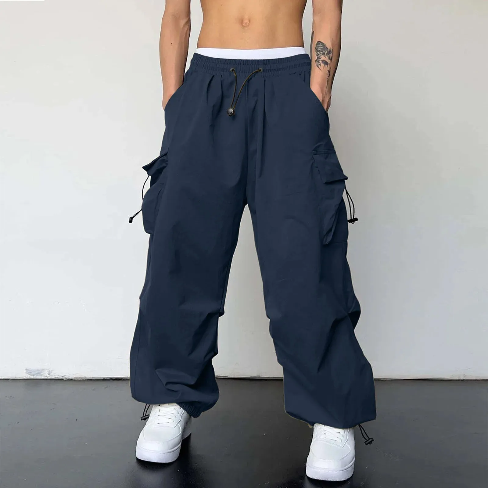 Mens Casual Waist Color Sports Hat Woven Pocket Foot Rope Solid Pants Street Cargo Tie Mens Cargo Big Size Oversized Trousers