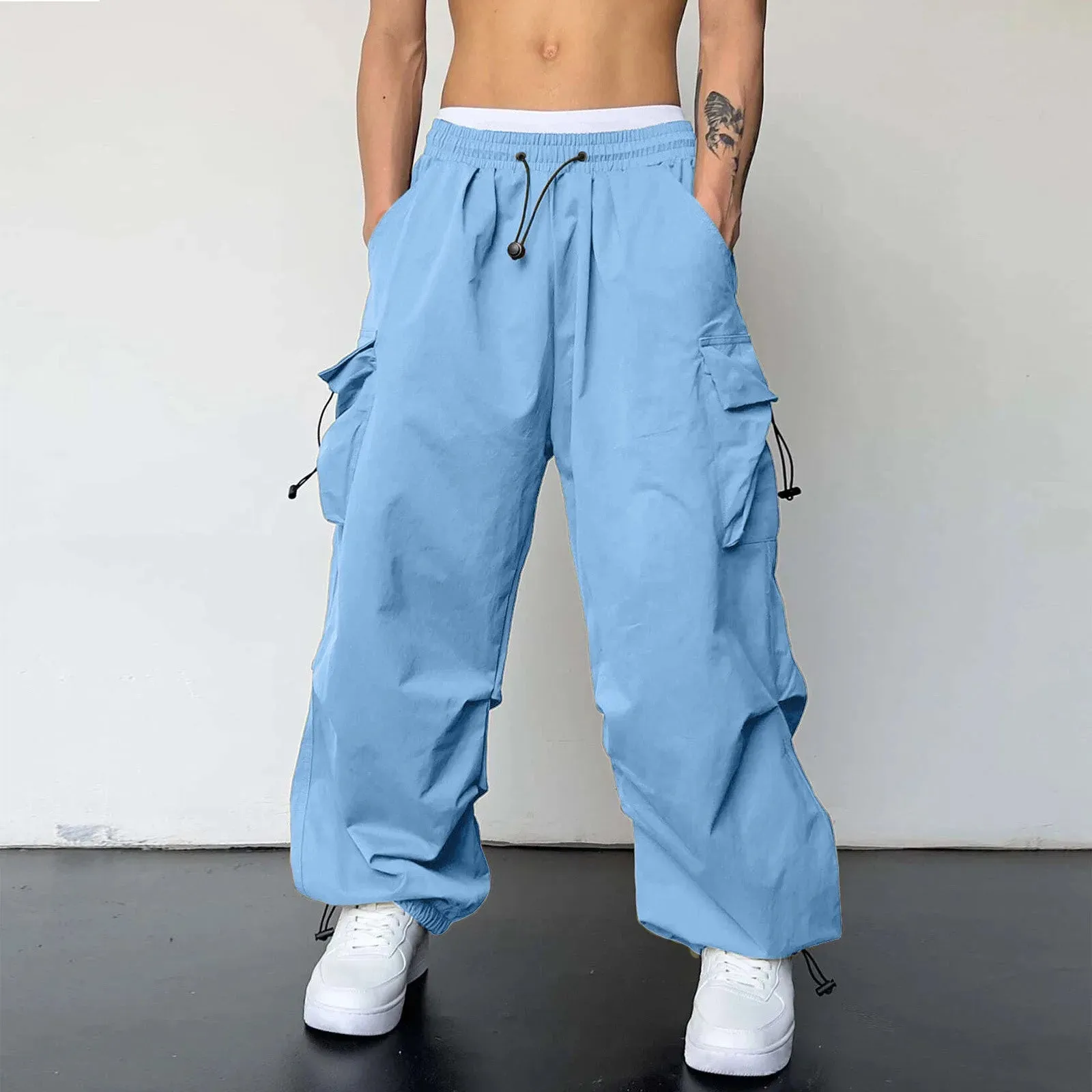 Mens Casual Waist Color Sports Hat Woven Pocket Foot Rope Solid Pants Street Cargo Tie Mens Cargo Big Size Oversized Trousers