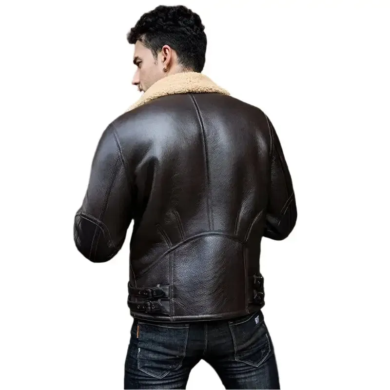 Men's Dark Brown B3 Shearling Sheepskin Leather Jacket Classic & Warm