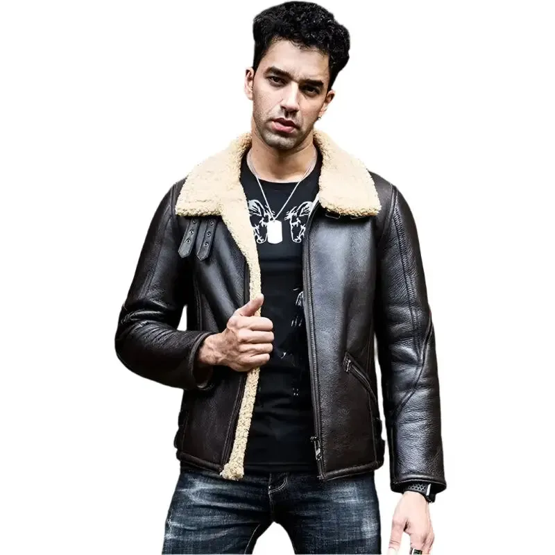Men's Dark Brown B3 Shearling Sheepskin Leather Jacket Classic & Warm
