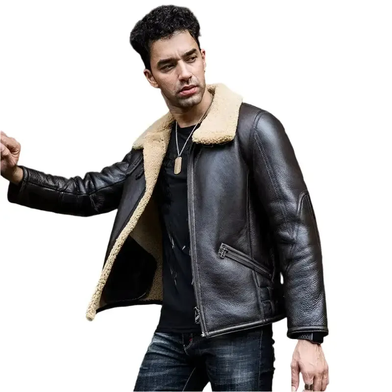 Men's Dark Brown B3 Shearling Sheepskin Leather Jacket Classic & Warm