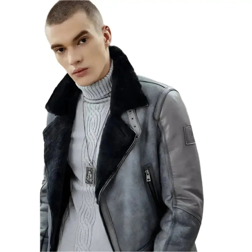 Men's Metallic Gray B3 Shearling Bomber Jacket – Genuine Leather Coat