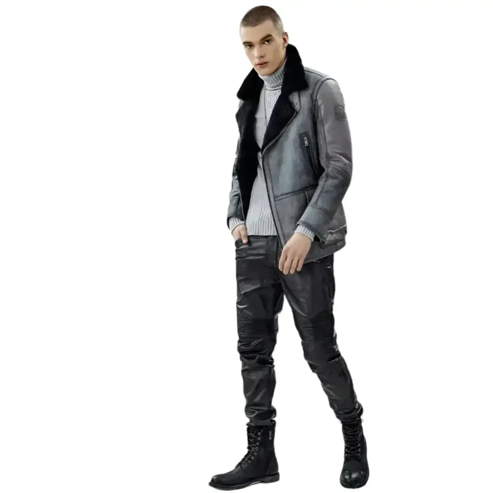 Men's Metallic Gray B3 Shearling Bomber Jacket – Genuine Leather Coat