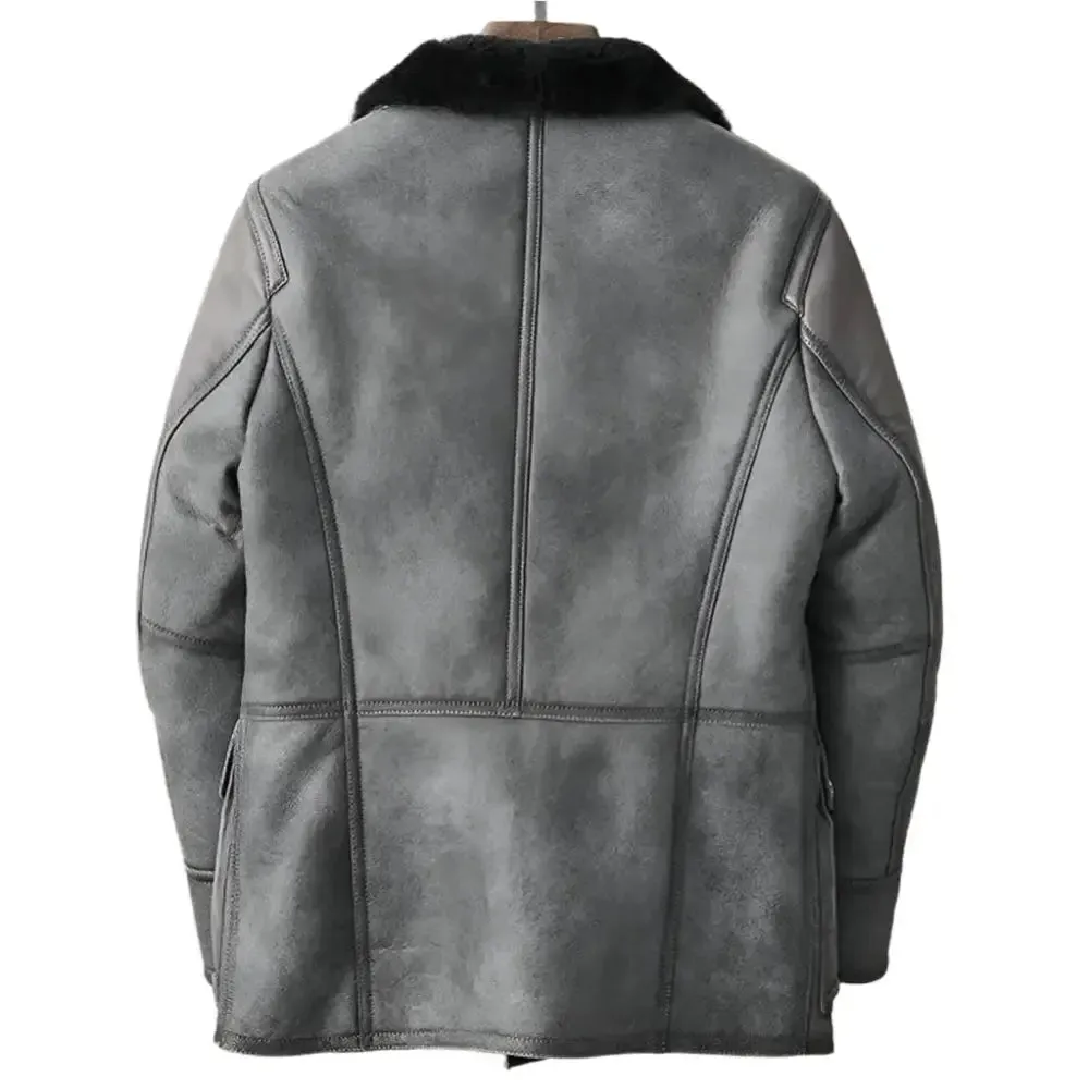 Men's Metallic Gray B3 Shearling Bomber Jacket – Genuine Leather Coat