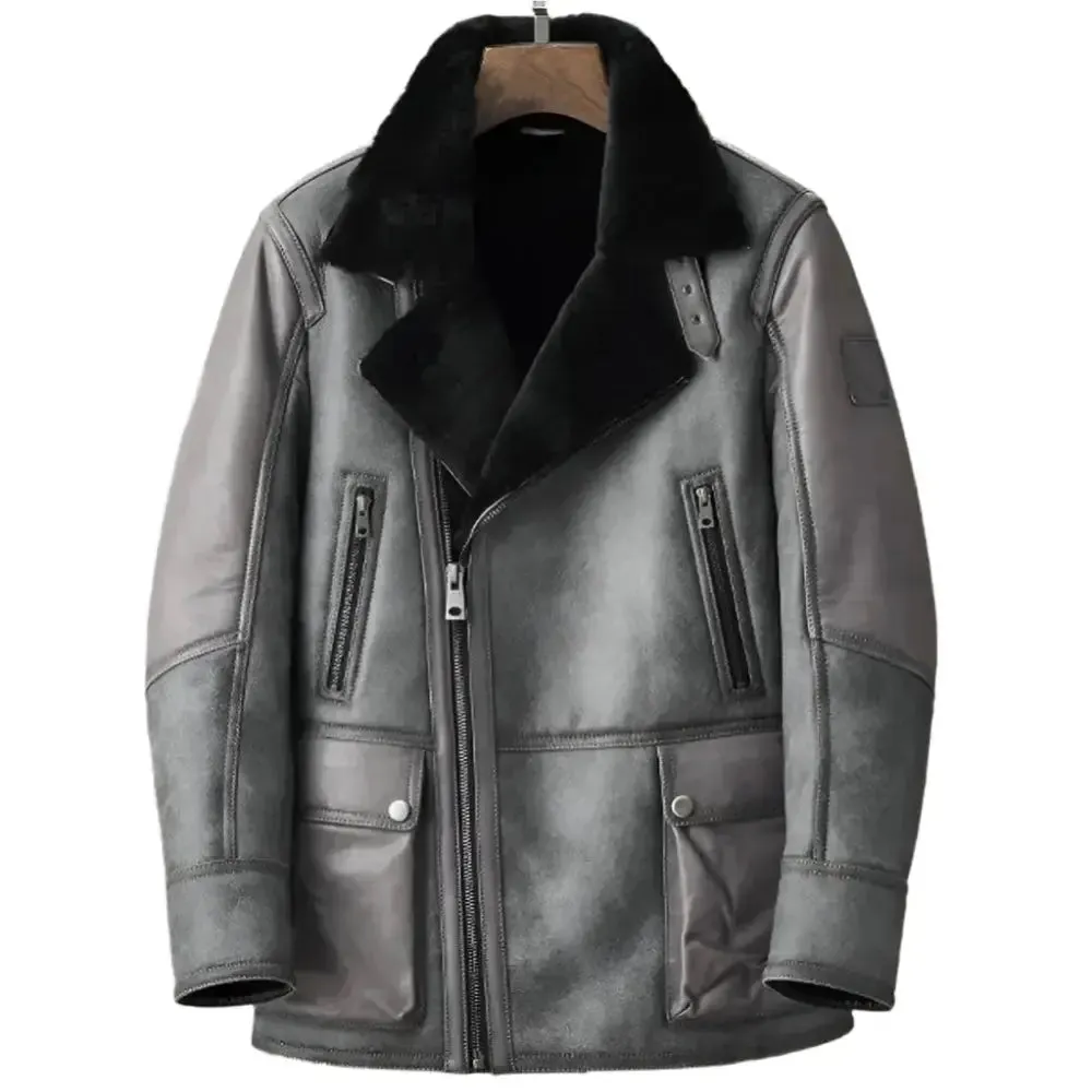 Men's Metallic Gray B3 Shearling Bomber Jacket – Genuine Leather Coat