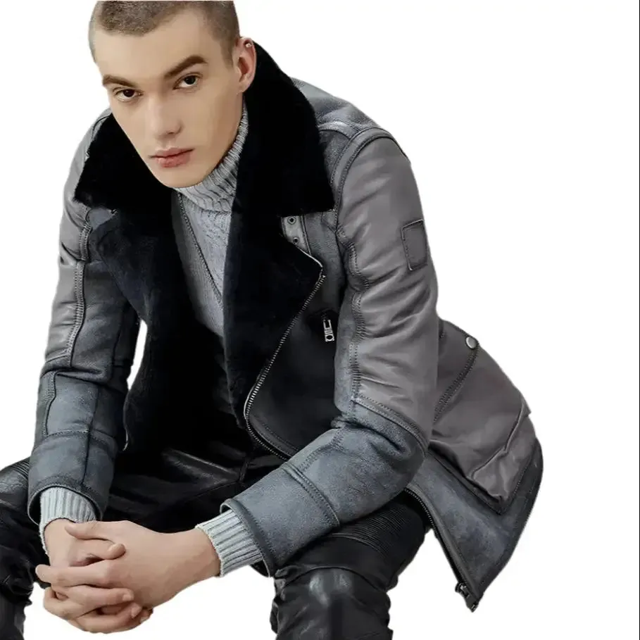 Men's Metallic Gray B3 Shearling Bomber Jacket – Genuine Leather Coat