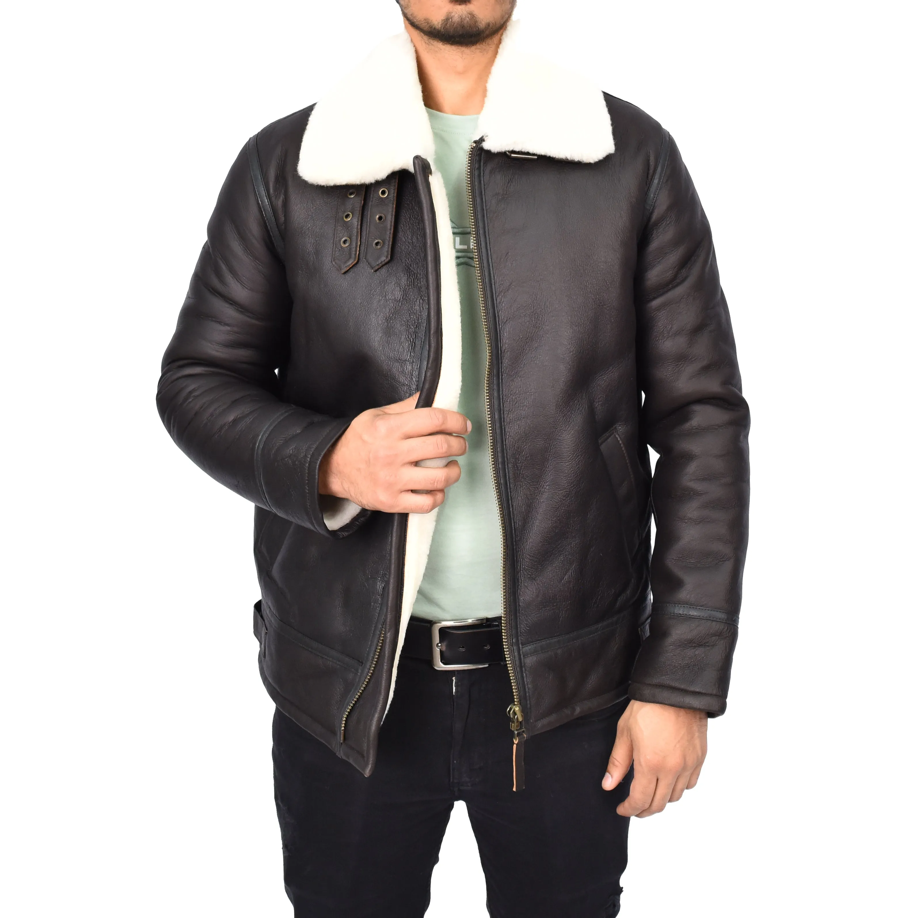 Men's Top Gun Style Real Sheepskin Jacket White Jannick