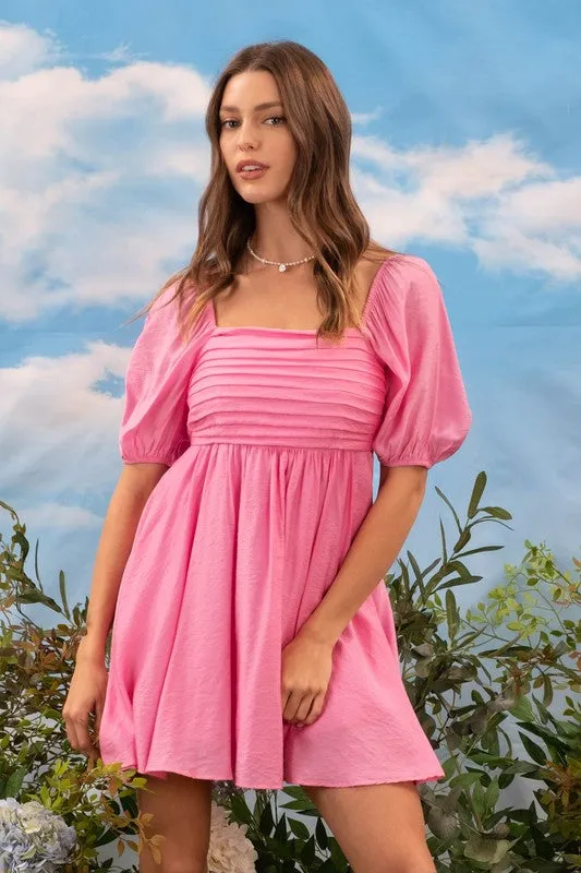 PLEATED DETAIL PUFF SLEEVE MINI DRESS