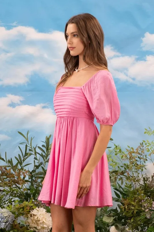 PLEATED DETAIL PUFF SLEEVE MINI DRESS