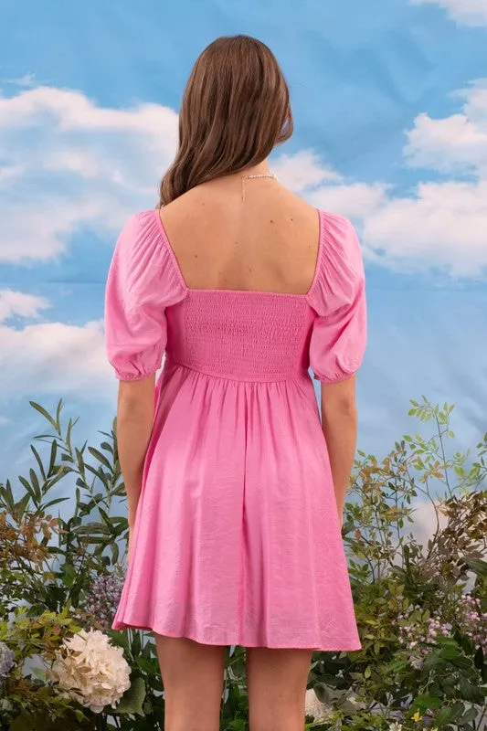 PLEATED DETAIL PUFF SLEEVE MINI DRESS