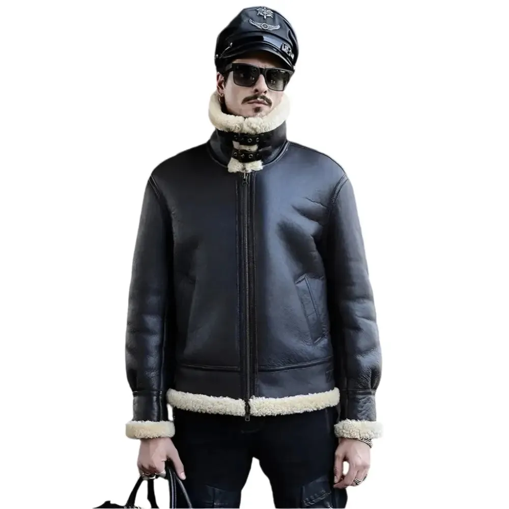 Premium Black Sheepskin Shearling Jacket - B3 Airforce Flight Coat