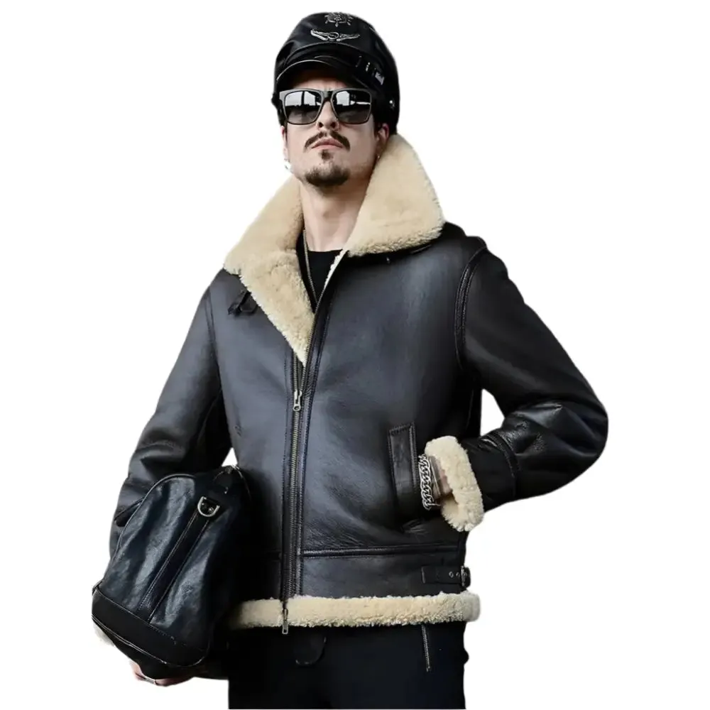 Premium Black Sheepskin Shearling Jacket - B3 Airforce Flight Coat