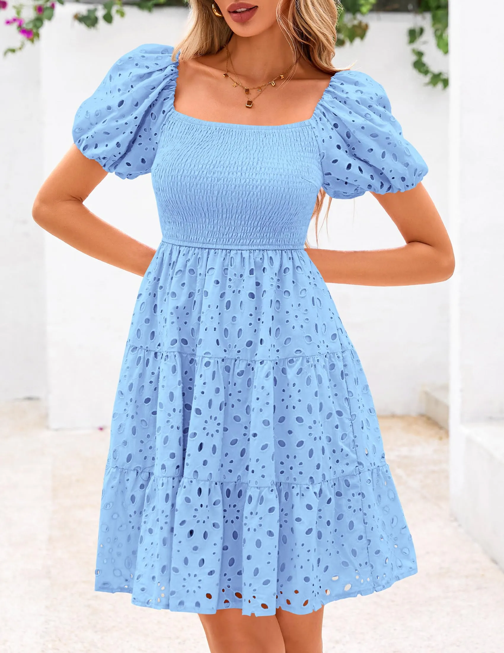 Puff Sleeve Off Shoulder Eyelet Smocked A Line Casual Babydoll Mini Dress