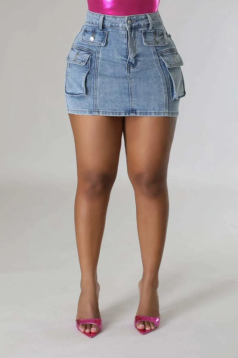 QG698 Denim Cargo High-Waist Mini Skirt