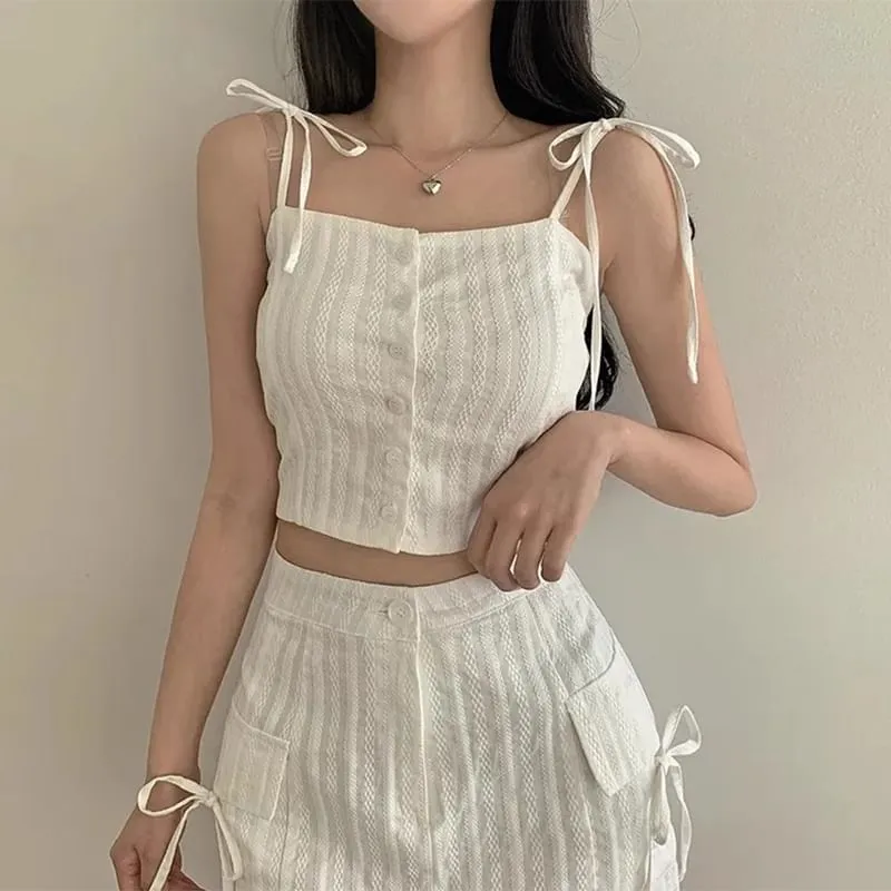 Set: Button-Up Crop Camisole Top   High Waist Mini Pencil Skirt