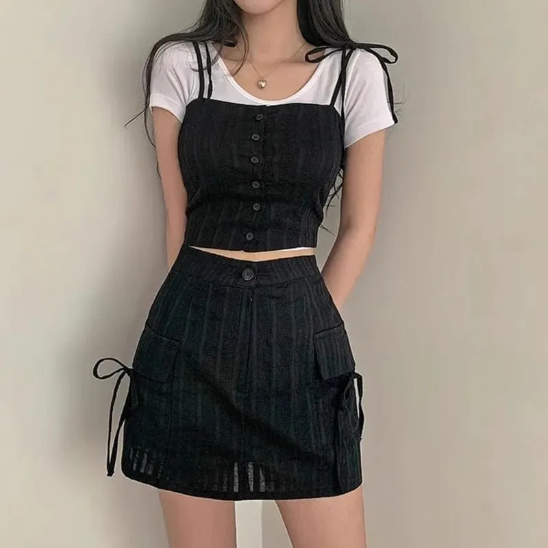 Set: Button-Up Crop Camisole Top   High Waist Mini Pencil Skirt