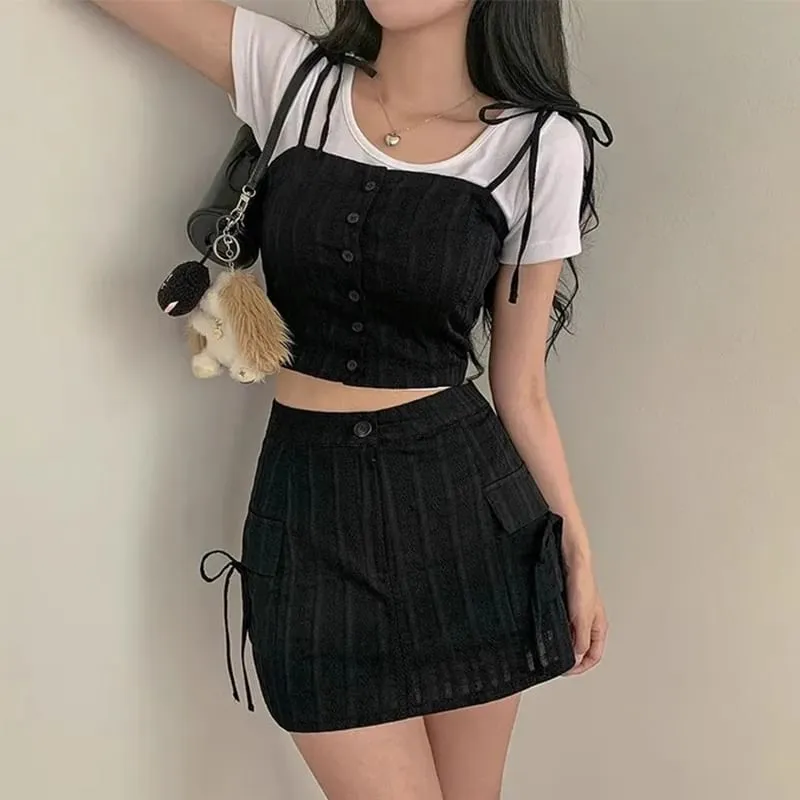 Set: Button-Up Crop Camisole Top   High Waist Mini Pencil Skirt