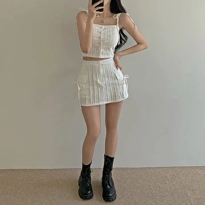 Set: Button-Up Crop Camisole Top   High Waist Mini Pencil Skirt