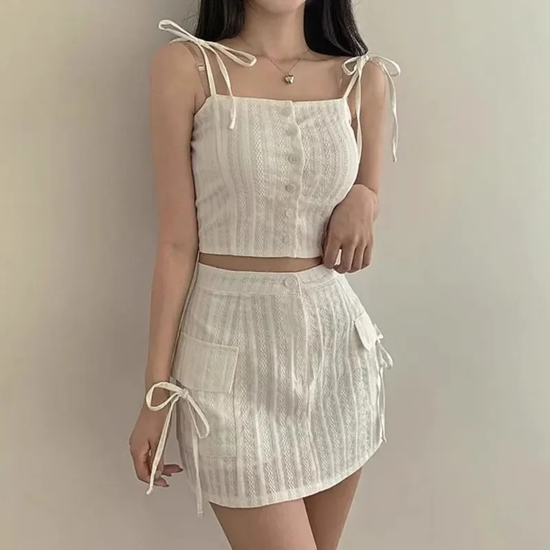 Set: Button-Up Crop Camisole Top   High Waist Mini Pencil Skirt