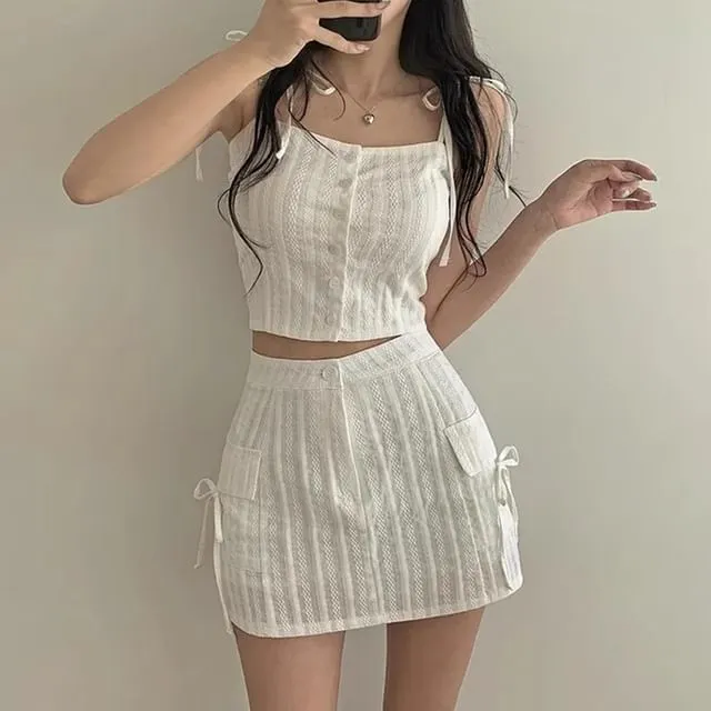 Set: Button-Up Crop Camisole Top   High Waist Mini Pencil Skirt