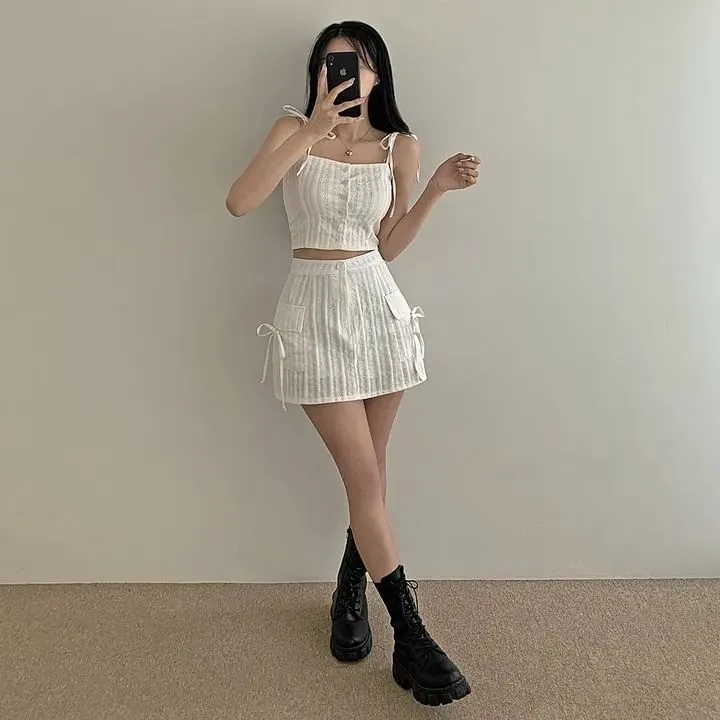Set: Button-Up Crop Camisole Top   High Waist Mini Pencil Skirt