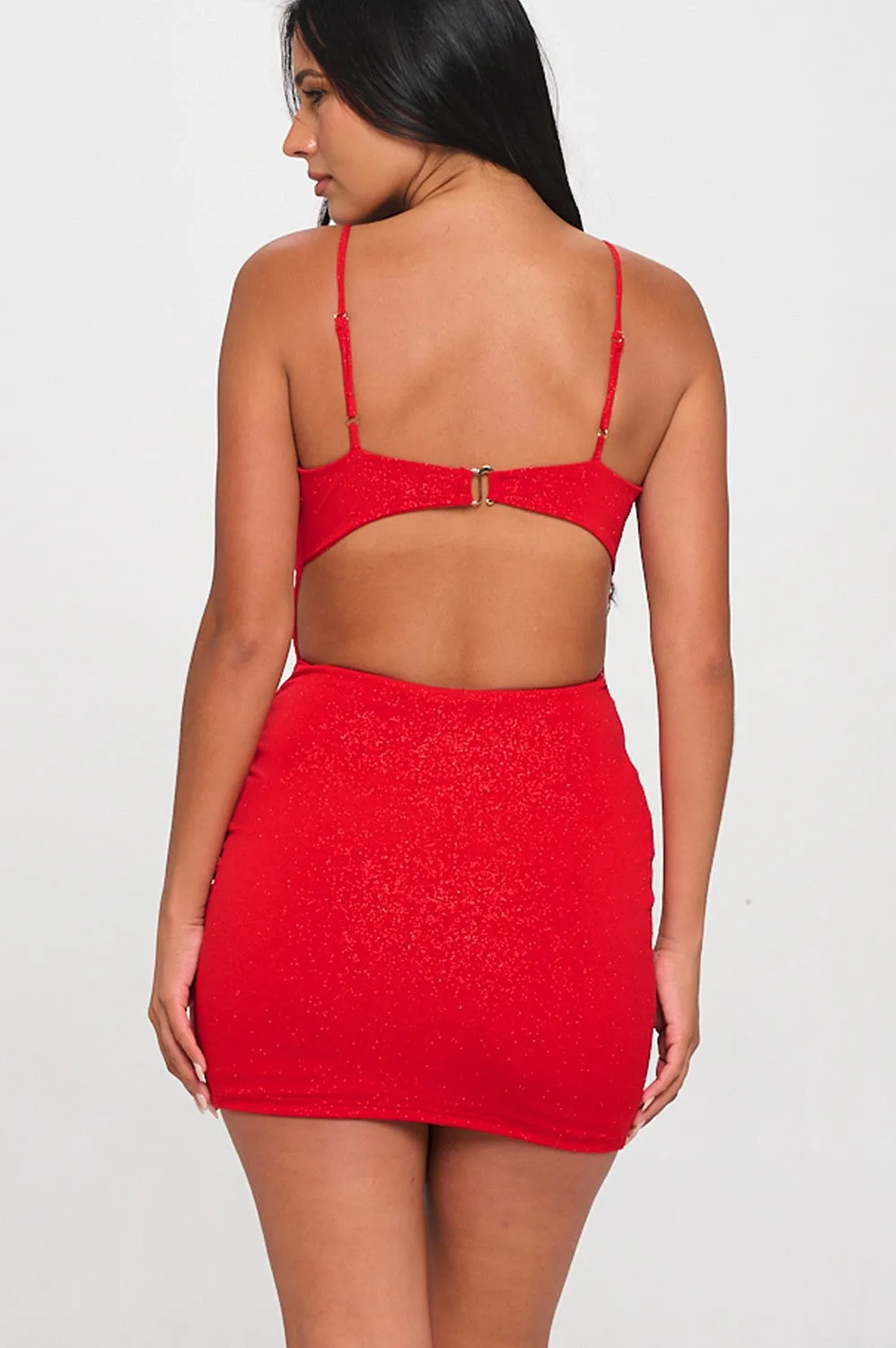 Sharma glitter buckle -back bodycon mini dress . red- black