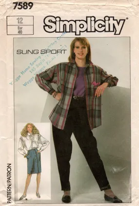 Simplicity 7589 SUNG SPORT Womens Loose Fitting Shirt Skirt & Pants 1980s Vintage Sewing Pattern Size 12 Bust 34 inches UNCUT Factory Folded