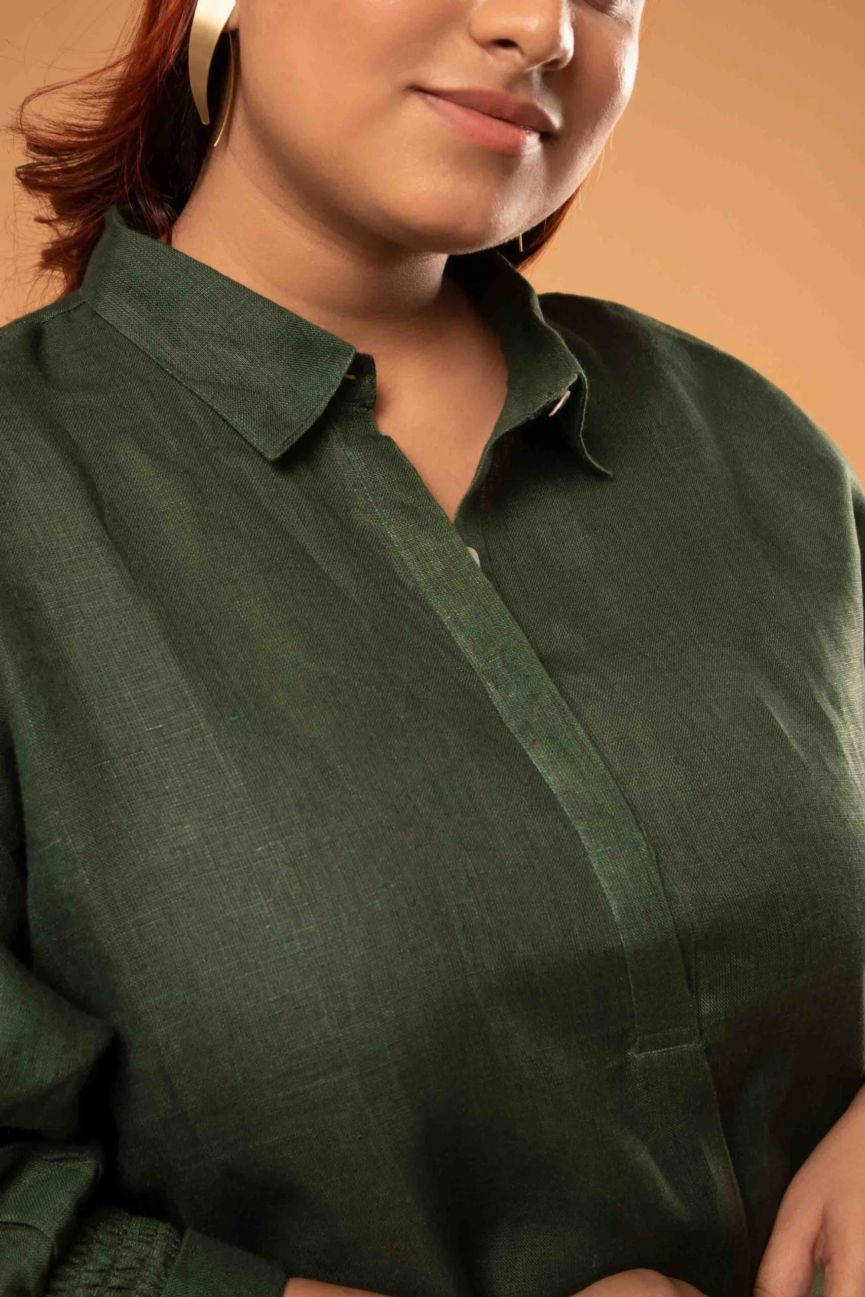 Smoked Cuff Shirt Dress In Green