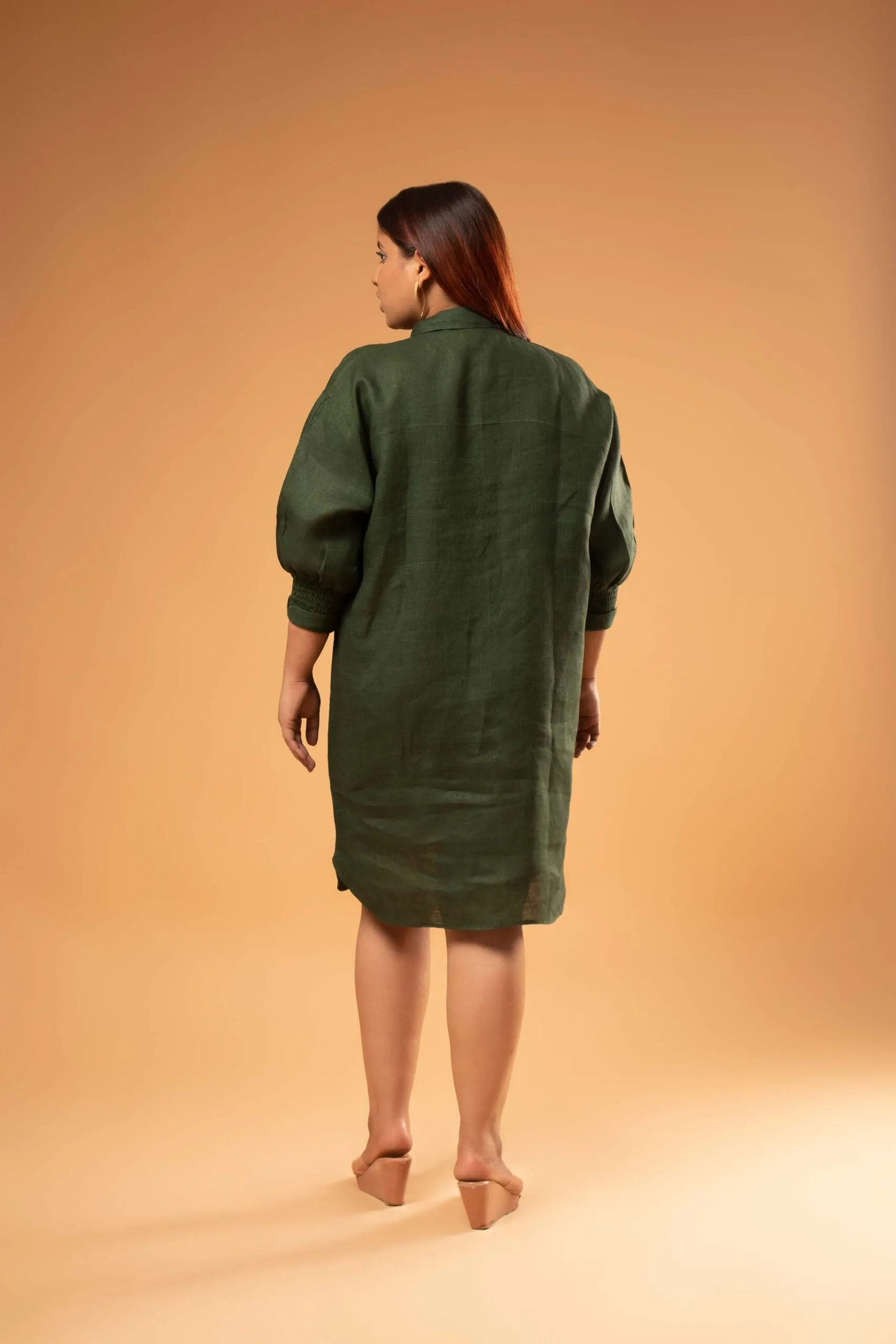 Smoked Cuff Shirt Dress In Green