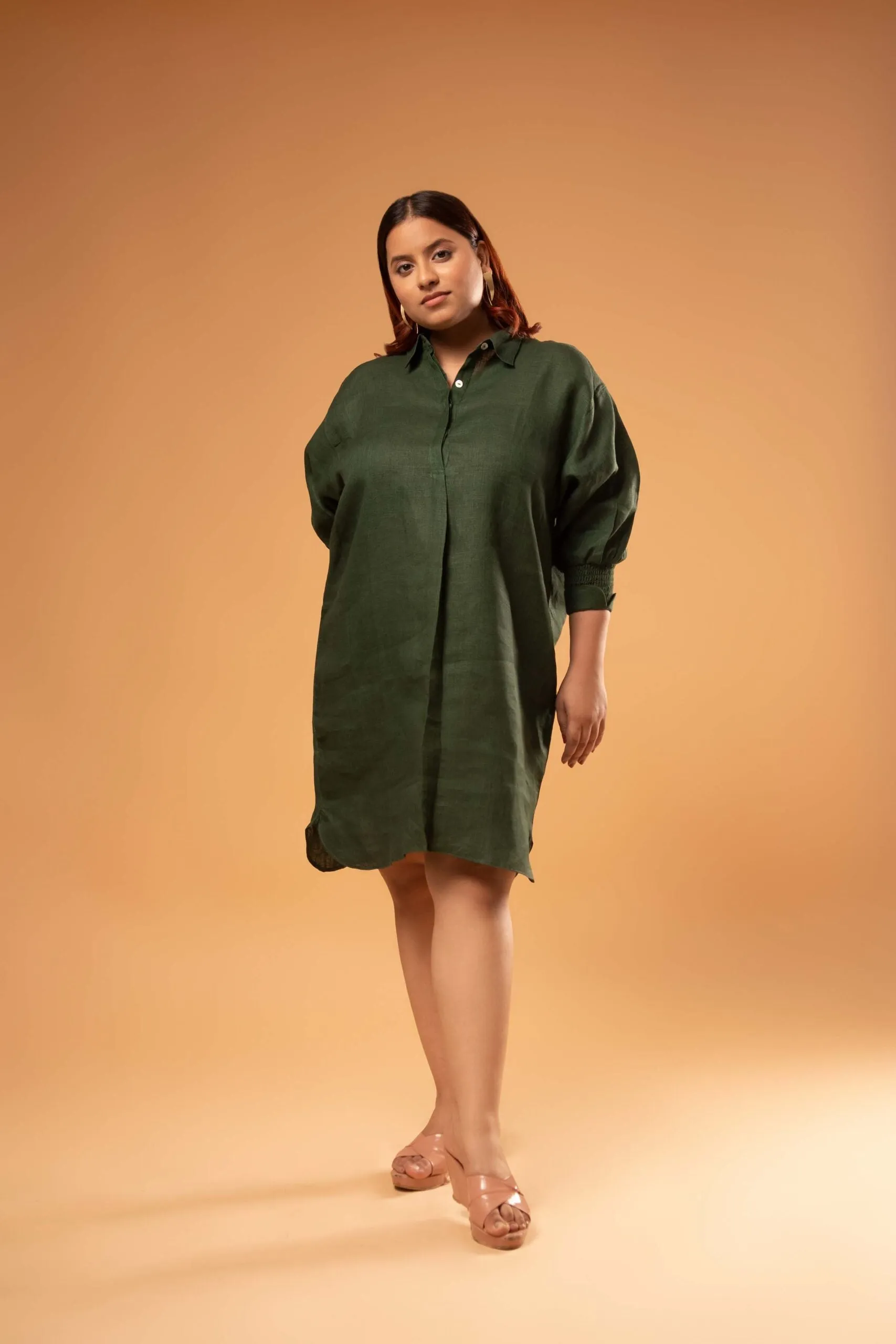 Smoked Cuff Shirt Dress In Green