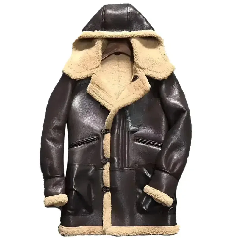 Stylish Men's Dark Brown Hooded Shearling Leather Jacket – Warm & Fashionable