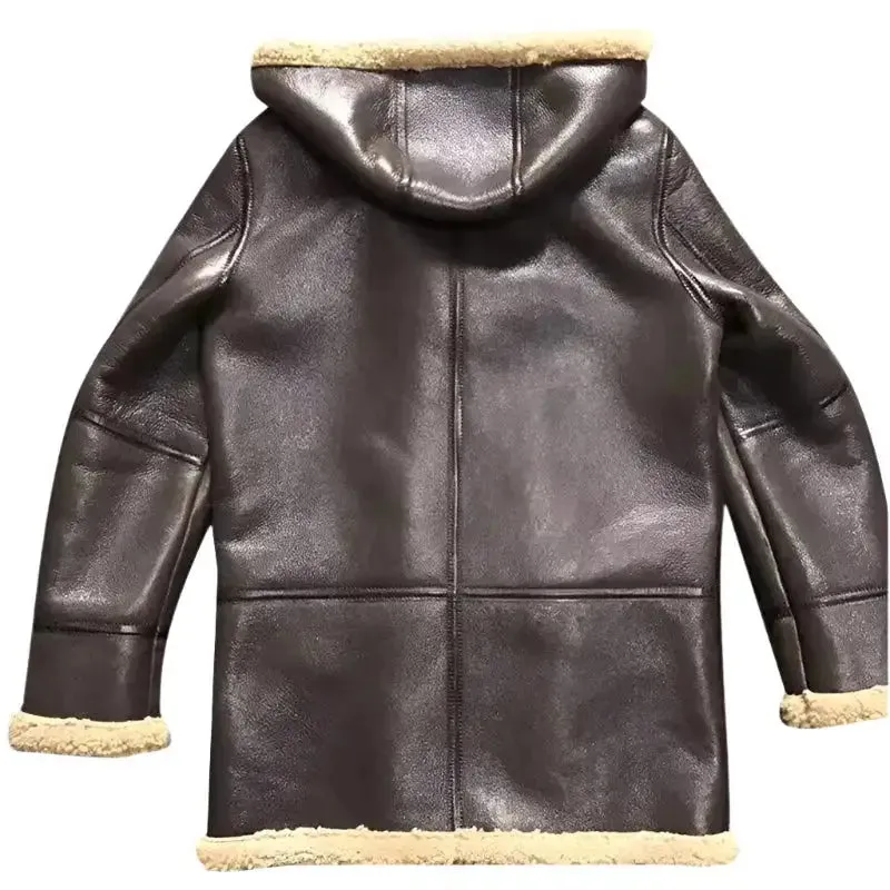 Stylish Men's Dark Brown Hooded Shearling Leather Jacket – Warm & Fashionable