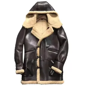 Stylish Men's Dark Brown Hooded Shearling Leather Jacket – Warm & Fashionable