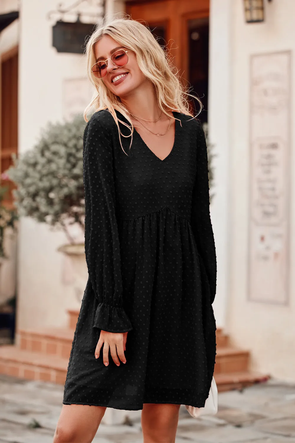 Swiss Dot Loose Fit Babydoll Mini Dress