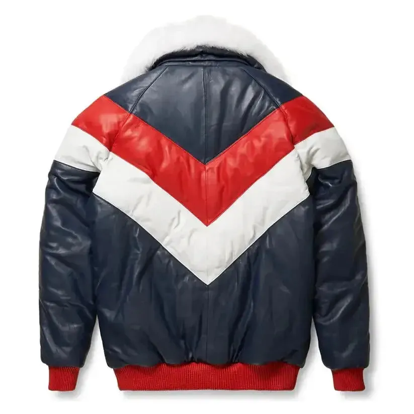 V-Bomber Style Shearling Collar Leather Jacket