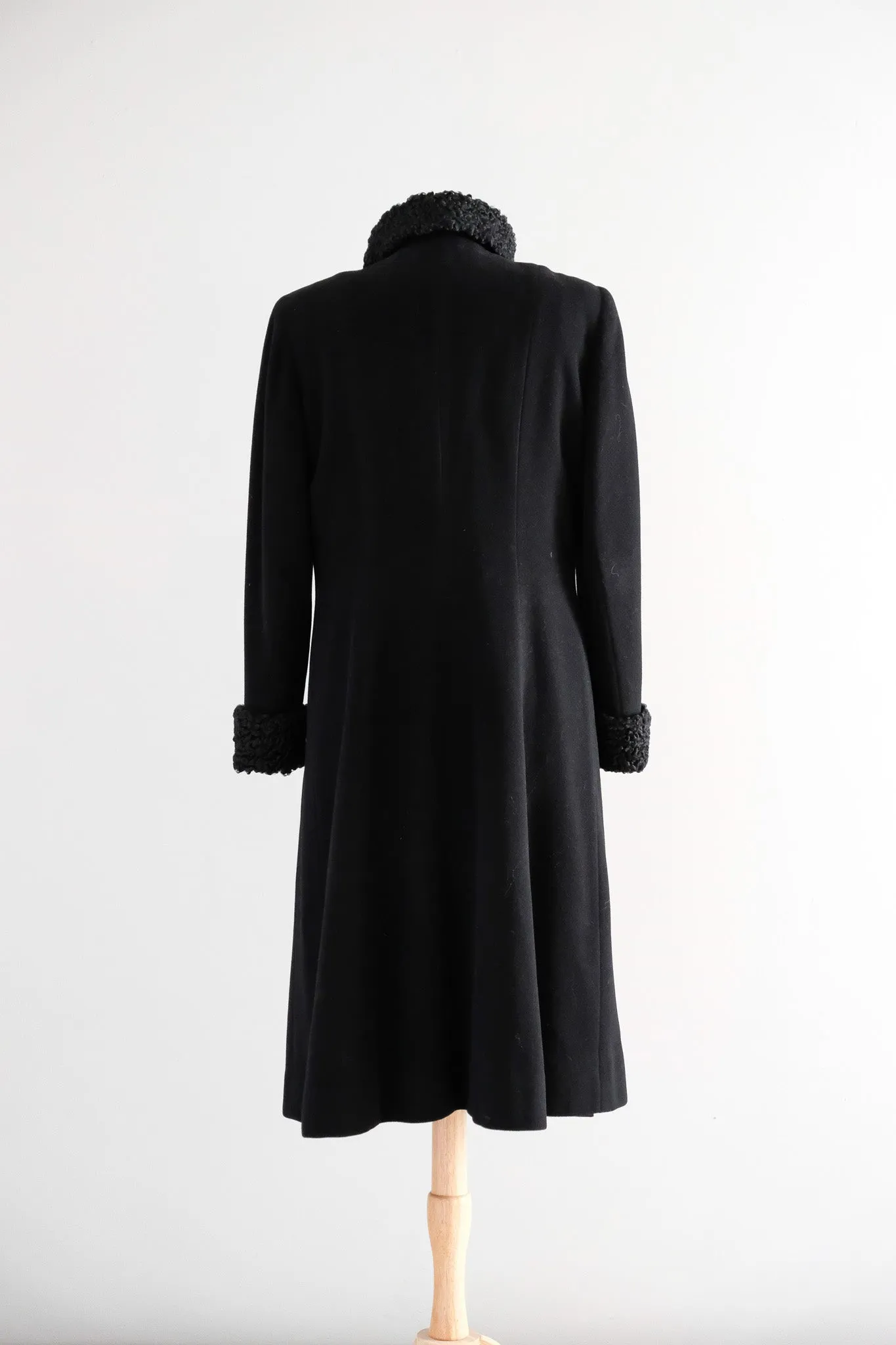 Vintage 1940's Black Wool Princess Coat with Persian Lamb Trim / L