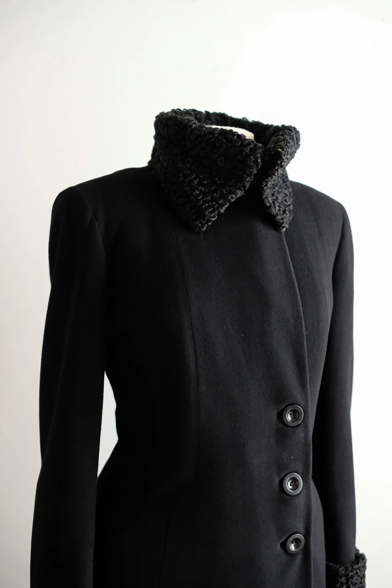 Vintage 1940's Black Wool Princess Coat with Persian Lamb Trim / L