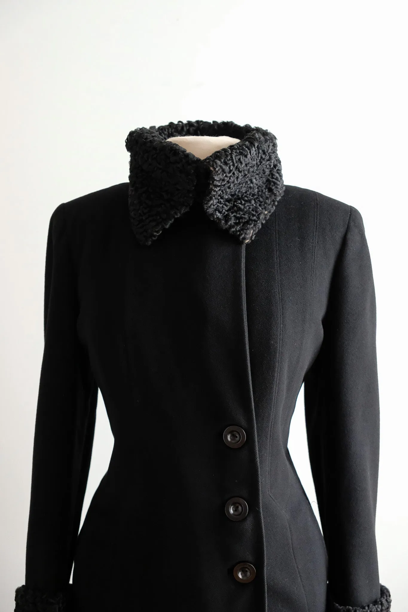 Vintage 1940's Black Wool Princess Coat with Persian Lamb Trim / L