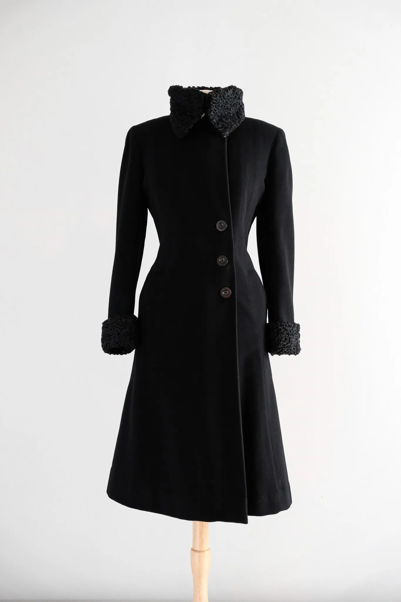 Vintage 1940's Black Wool Princess Coat with Persian Lamb Trim / L