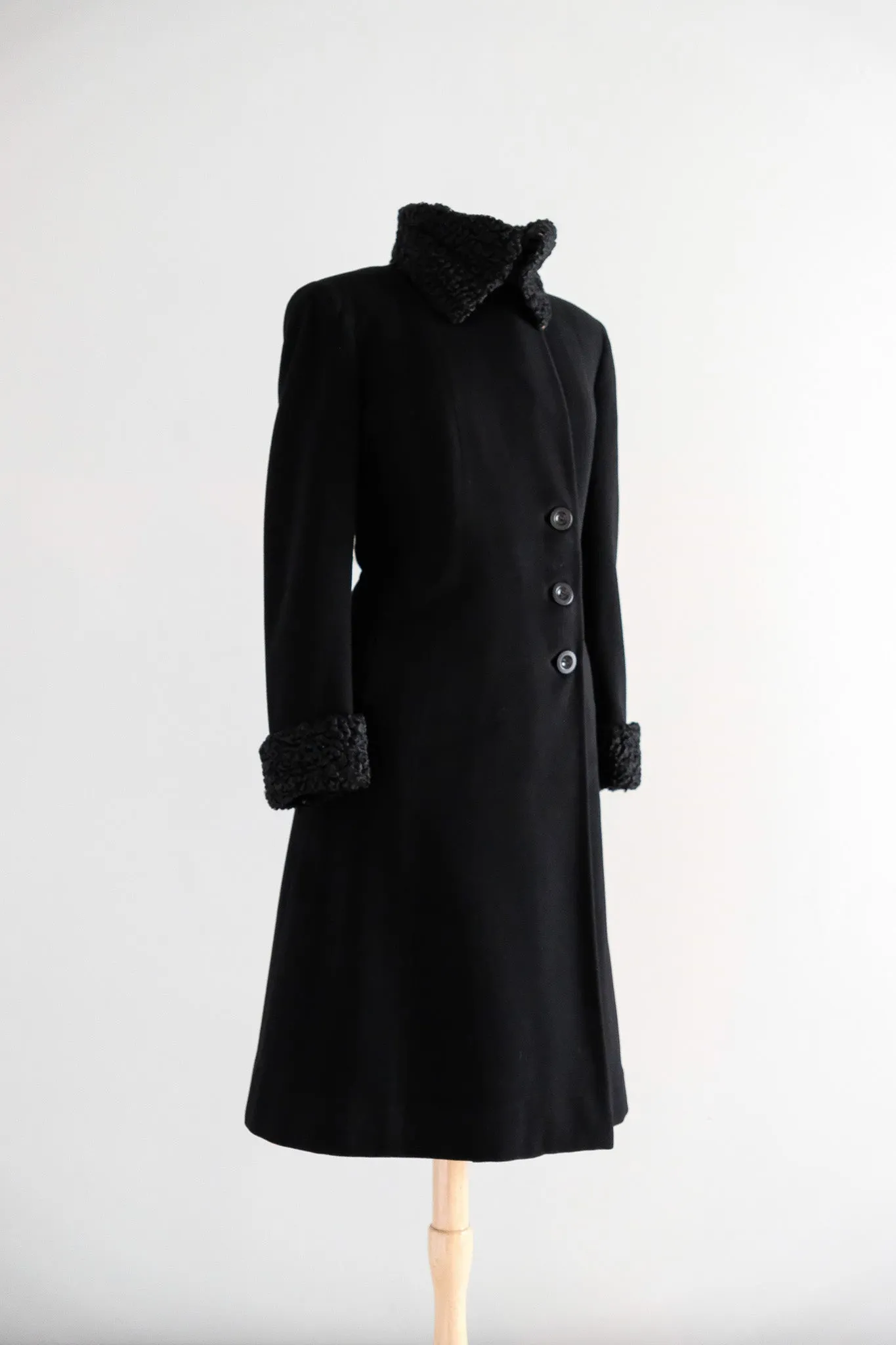 Vintage 1940's Black Wool Princess Coat with Persian Lamb Trim / L