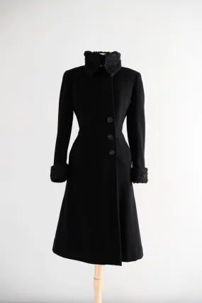 Vintage 1940's Black Wool Princess Coat with Persian Lamb Trim / L